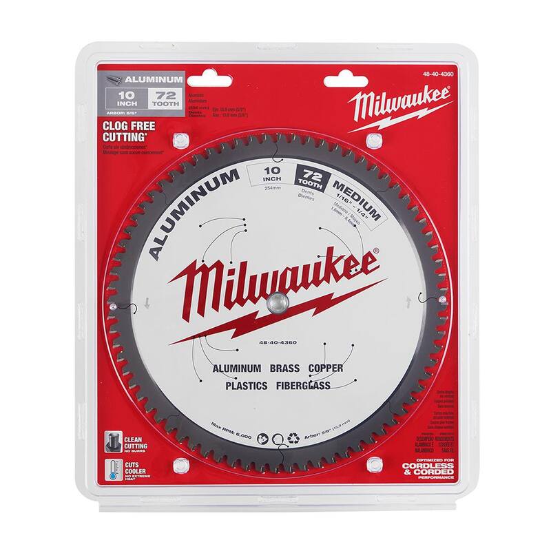 Hoja de sierra circular para corte de aluminio con 72 dientes de carburo de 10 pulgadas de Milwaukee - 48-40-4360