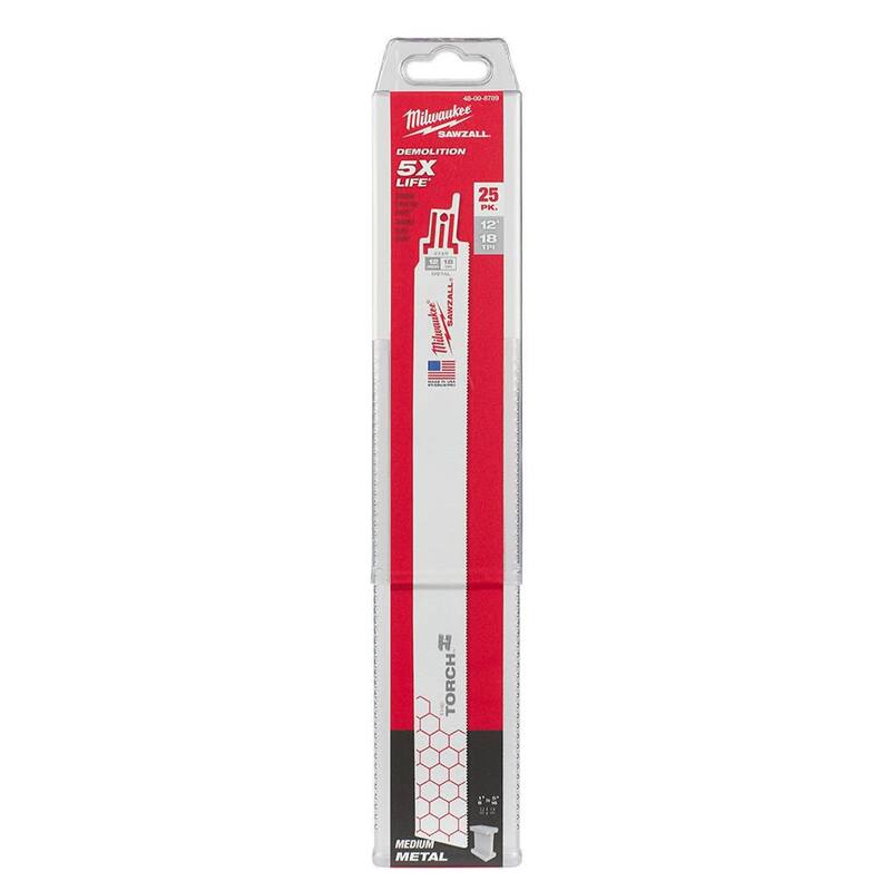 Hoja de sierra reciprocante Milwaukee de 12 pulgadas, 18 TPI TORCH para corte de metal mediano (paquete de 25) - 48-00-8789