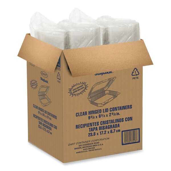 Dart StayLock Clear Hinged Lid Containers, 6.8 x 9.4 x 2.6, Clear, Plastic, 250PK - PET32UT1