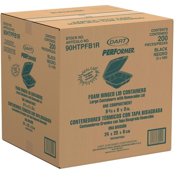 Dart Insulated Foam Hinged Lid Containers, 1-Compartment, 9.01 x 9.4 x 3.1, Black, 200PK - 90HTPFB1R