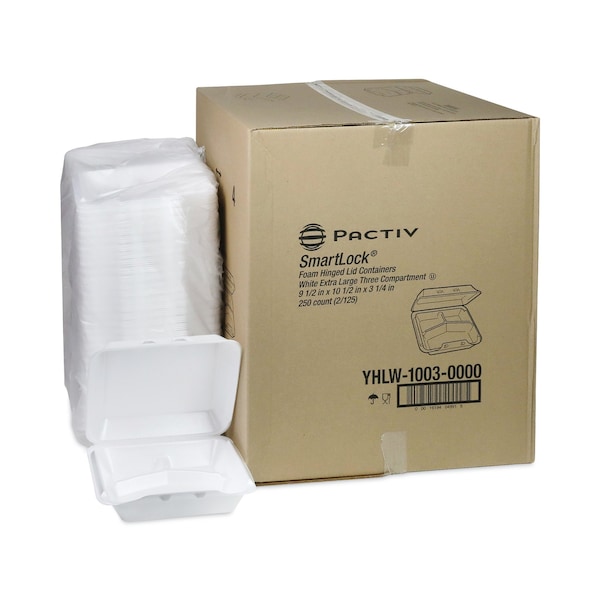 Pactiv SmartLock Foam Hinged Containers, XL, 9.5x10.5x3.25, 3-Cmp, Wht, PK250 - YHLW10030000