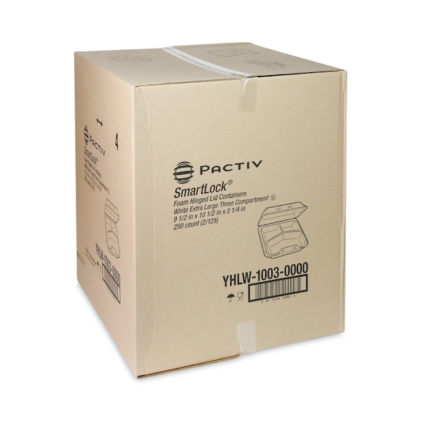 Pactiv SmartLock Foam Hinged Containers, XL, 9.5x10.5x3.25, 3-Cmp, Wht, PK250 - YHLW10030000