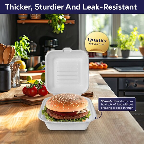 5Seconds Brand Biodegradable Sugarcane Bagasse Take out Container for Hot & Cold Food, 6inx 6in, 500PK - 410120