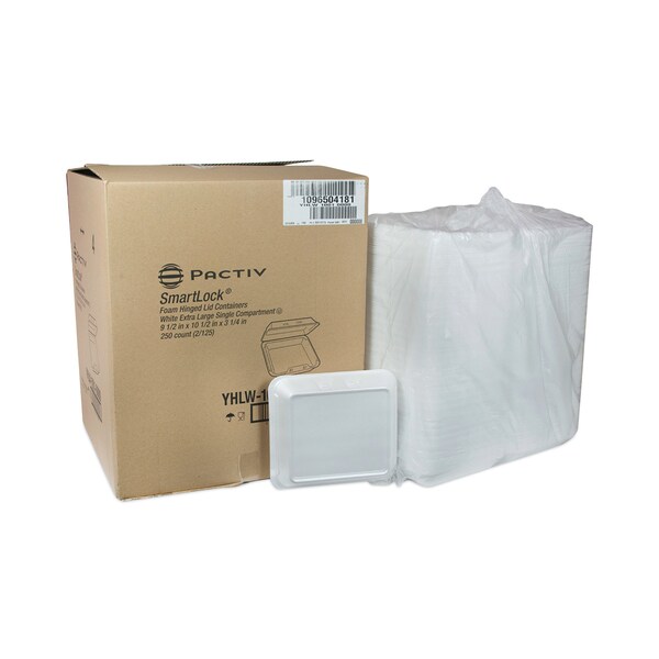 Pactiv SmartLock Foam Hinged Containers, XL, 9.5x10.5x3.25, 1-Cmp, Wht, PK250 - YHLW10010000