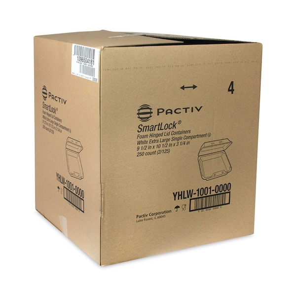 Pactiv SmartLock Foam Hinged Containers, XL, 9.5x10.5x3.25, 1-Cmp, Wht, PK250 - YHLW10010000
