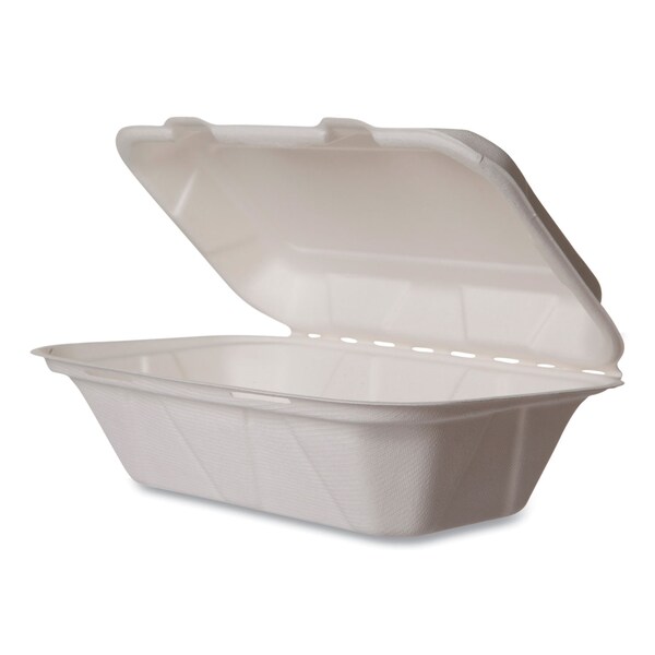Vegware White Molded Fiber Clamshell Containers, 9 x 11 x 2, White, Sugarcane, PK250 - WHBRG-HOAGIE