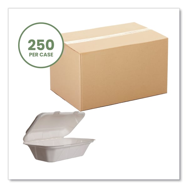 Vegware White Molded Fiber Clamshell Containers, 9 x 11 x 2, White, Sugarcane, PK250 - WHBRG-HOAGIE