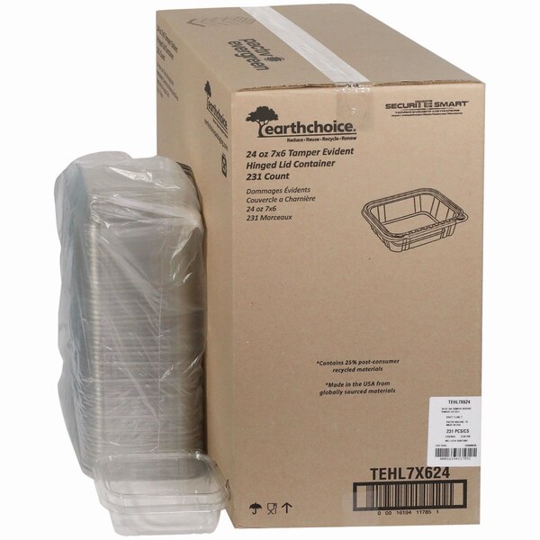 Pactiv Evergreen EarthChoice Tamper Evident Hinged Lid Deli Container, 24 oz, 7.25 x 6.37 x 2, Clear, Plastic, 231PK - TEHL7X624