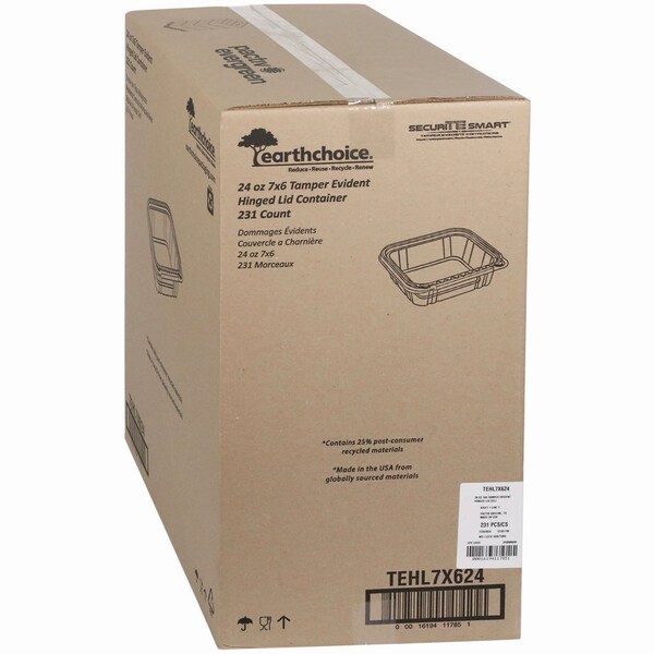 Pactiv Evergreen EarthChoice Tamper Evident Hinged Lid Deli Container, 24 oz, 7.25 x 6.37 x 2, Clear, Plastic, 231PK - TEHL7X624