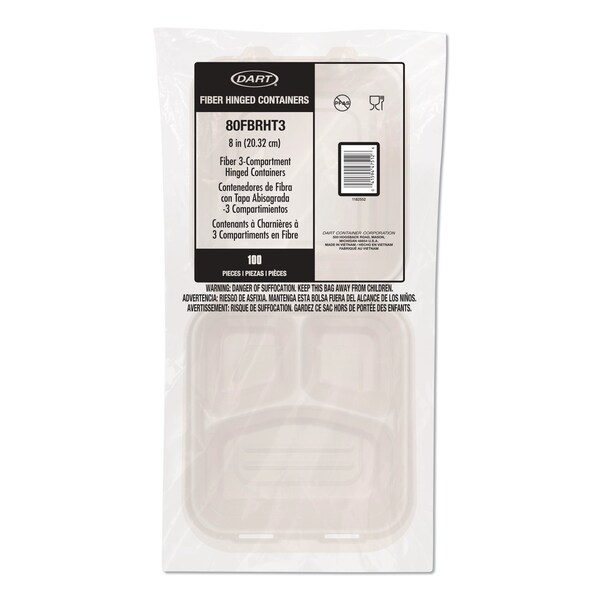 Dart Molded Fiber Hinged Trays, ProPlanet Seal, 3 Compartments, 8.65 x 7.94 x 2.98, Natural, 200PK - 80FBRHT3