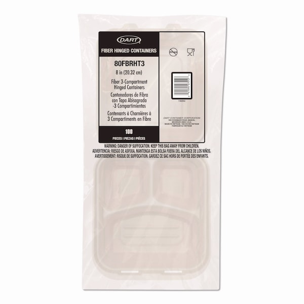 Dart Molded Fiber Hinged Trays, ProPlanet Seal, 3 Compartments, 8.65 x 7.94 x 2.98, Natural, 200PK - 80FBRHT3
