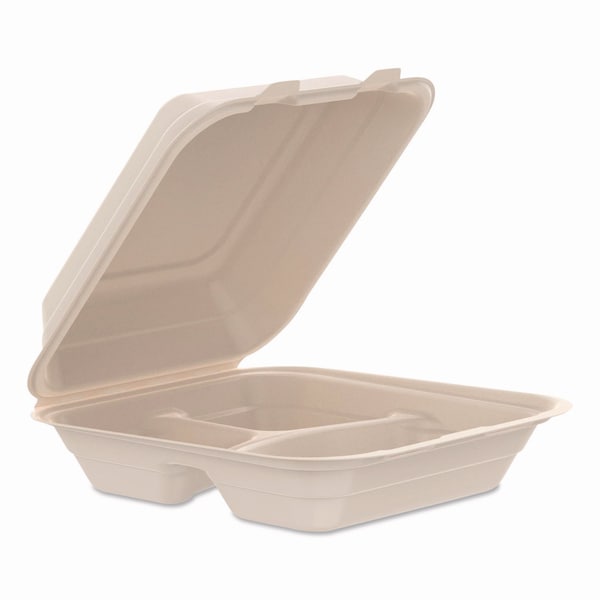 Dart Molded Fiber Hinged Trays, ProPlanet Seal, 3 Compartments, 8.65 x 7.94 x 2.98, Natural, 200PK - 80FBRHT3
