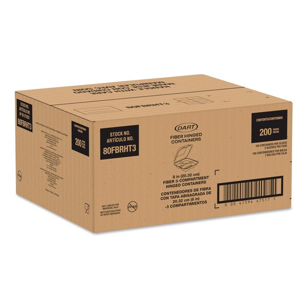 Dart Molded Fiber Hinged Trays, ProPlanet Seal, 3 Compartments, 8.65 x 7.94 x 2.98, Natural, 200PK - 80FBRHT3