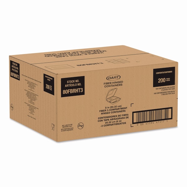 Dart Molded Fiber Hinged Trays, ProPlanet Seal, 3 Compartments, 8.65 x 7.94 x 2.98, Natural, 200PK - 80FBRHT3
