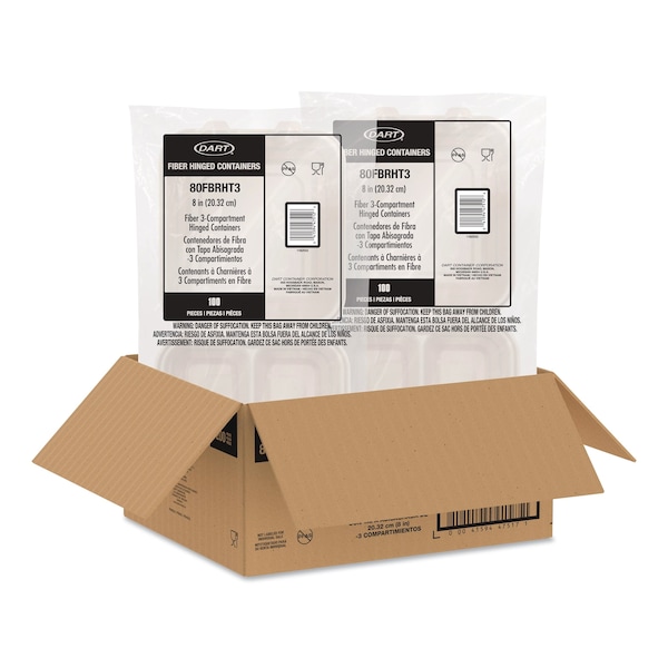 Dart Molded Fiber Hinged Trays, ProPlanet Seal, 3 Compartments, 8.65 x 7.94 x 2.98, Natural, 200PK - 80FBRHT3