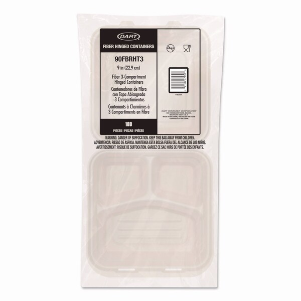 Dart Compostable Molded Fiber Hinged Tray, ProPlanet Seal, 3 Compartment, 9.14x9x2.98, Natural, 200PK - 90FBRHT3