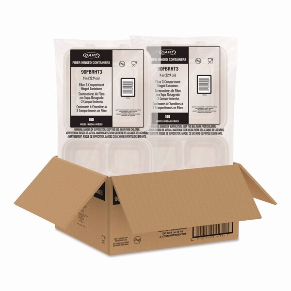 Dart Compostable Molded Fiber Hinged Tray, ProPlanet Seal, 3 Compartment, 9.14x9x2.98, Natural, 200PK - 90FBRHT3
