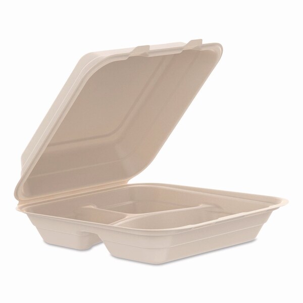 Dart Compostable Molded Fiber Hinged Tray, ProPlanet Seal, 3 Compartment, 9.14x9x2.98, Natural, 200PK - 90FBRHT3