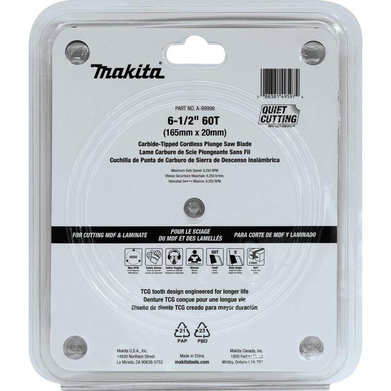 Makita 6-1/2 in. 60T (TCG) Hoja de sierra de inmersión con punta de carburo para MDF y laminado - A-99998
