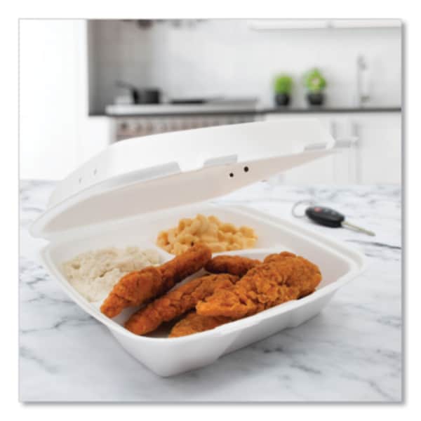 Dart Insulated Foam Hinged Lid Containers, 3-Compartment, 9.01 x 9.4 x 3.1, White, 200PK - 90HTPF3VR