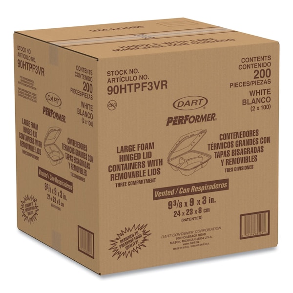 Dart Insulated Foam Hinged Lid Containers, 3-Compartment, 9.01 x 9.4 x 3.1, White, 200PK - 90HTPF3VR