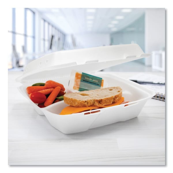 Dart Insulated Foam Hinged Lid Containers, 3-Compartment, 9.01 x 9.4 x 3.1, White, 200PK - 90HTPF3VR