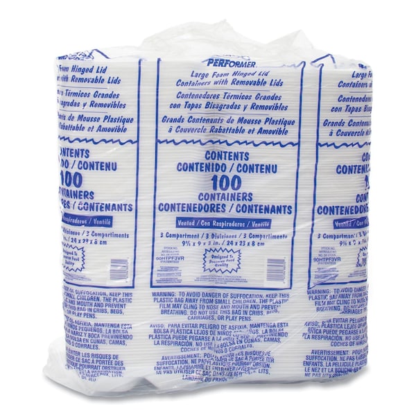 Dart Insulated Foam Hinged Lid Containers, 3-Compartment, 9.01 x 9.4 x 3.1, White, 200PK - 90HTPF3VR