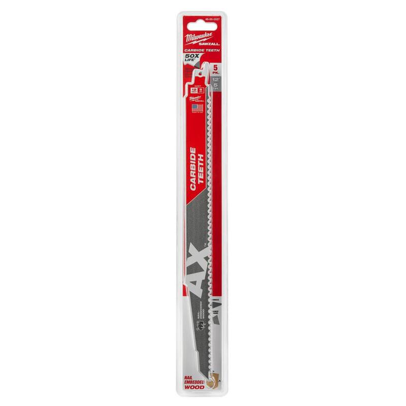 Milwaukee 12 pulgadas 5 TPI AX Carbide Teeth Demolición de uñas incrustadas en madera Hojas de sierra alternativa SAWZALL (paquete de 5) - 48-00-5527