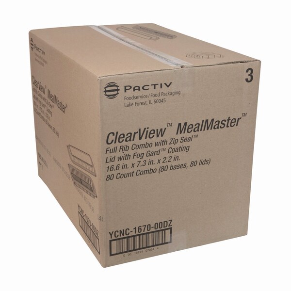 Pactiv Evergreen MealMaster Rib Container Base/Lid, 16.6 x 7.3 x 2.3, Black/Clear Plastic, 80PK - YCNC167000DZ