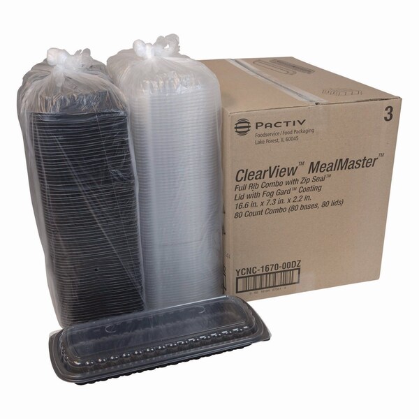 Pactiv Evergreen MealMaster Rib Container Base/Lid, 16.6 x 7.3 x 2.3, Black/Clear Plastic, 80PK - YCNC167000DZ