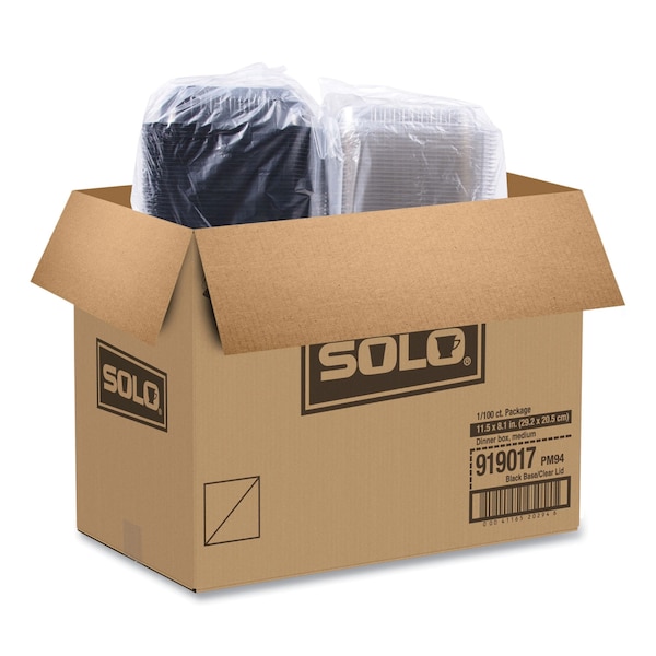 Dart Hinged-Lid Dinner Box, 64 oz, 11.5 x 8.1 x 3, Black/Clear, PK100, 100PK - 919017-PM94