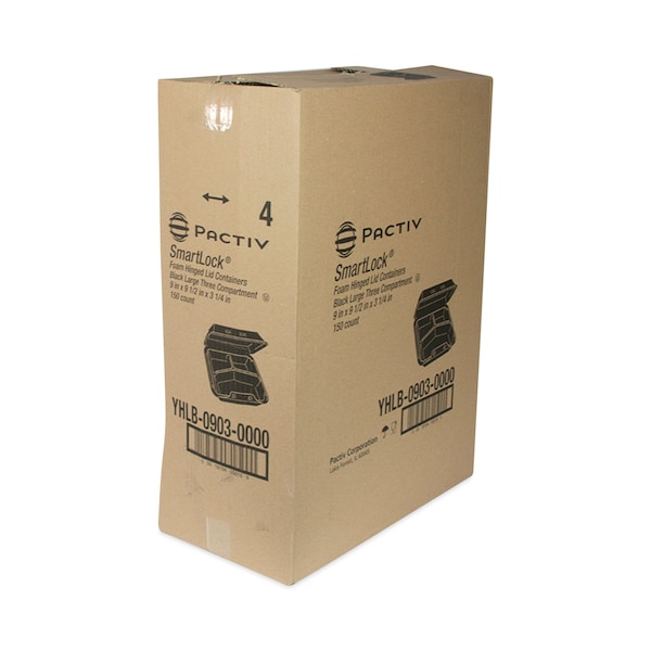 Pactiv SmartLock Foam Hinged Container, Large, 9x9.5x3.25, 3-Comp, Blk, PK150 - YHLB09030000
