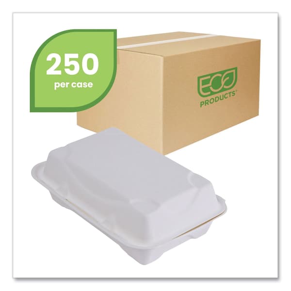 Eco-Products Vanguard Renewable and Compostable Sugarcane Clamshells, 1-Compartment, 9 x 6 x 3, White, PK250 - EP-HC96NFA