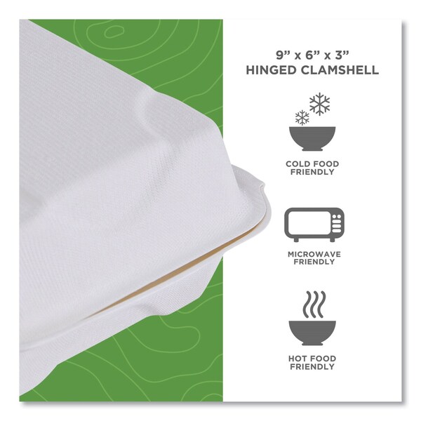 Eco-Products Vanguard Renewable and Compostable Sugarcane Clamshells, 1-Compartment, 9 x 6 x 3, White, PK250 - EP-HC96NFA