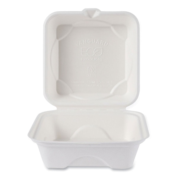 Eco-Products Renewable/Compostable Sugarcane Clamshells, 6 x 6 x 3, White, PK500 - EP-HC6NFA