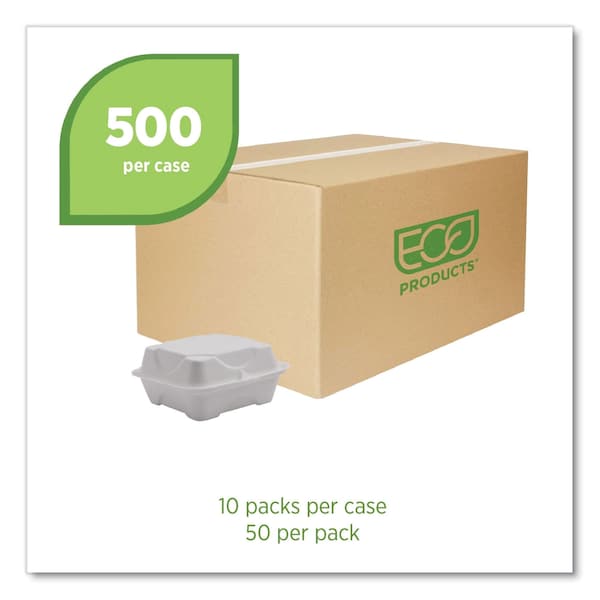 Eco-Products Renewable/Compostable Sugarcane Clamshells, 6 x 6 x 3, White, PK500 - EP-HC6NFA