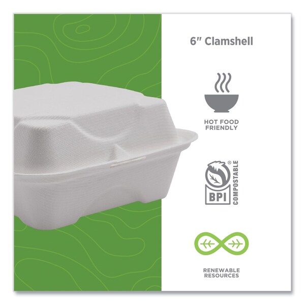 Eco-Products Renewable/Compostable Sugarcane Clamshells, 6 x 6 x 3, White, PK500 - EP-HC6NFA
