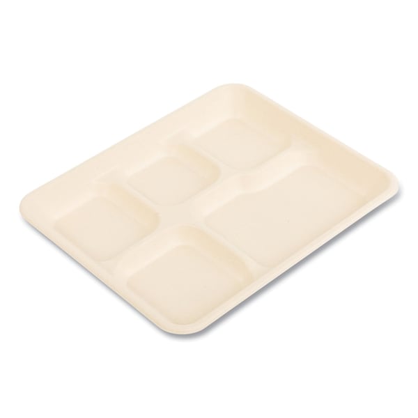 Boardwalk Bagasse PFAS-Free Food Tray, 5-Compartment, 8.26 x 0.98 x 10.9, White, Bamboo/Sugarcane, 500PK - TL-15-TBW-NPFA