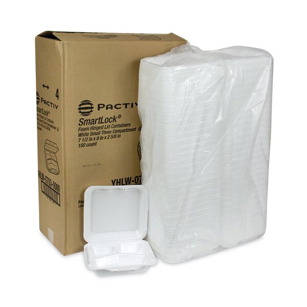Pactiv Evergreen SmartLock Foam Hinged Containers, Small, 3-Compartment, 7.5 x 8 x 2.63, White, PK150 - YHLW07030000