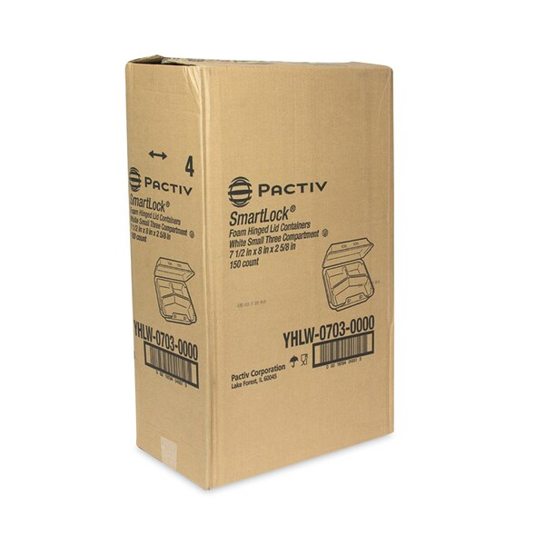 Pactiv Evergreen SmartLock Foam Hinged Containers, Small, 3-Compartment, 7.5 x 8 x 2.63, White, PK150 - YHLW07030000