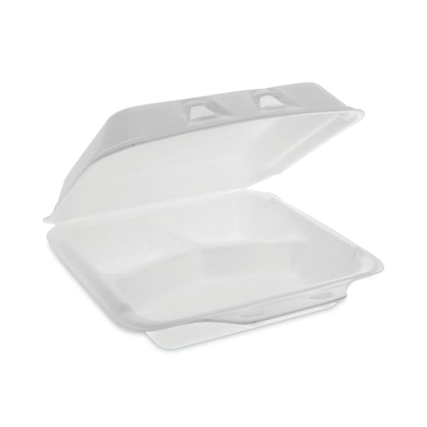 Pactiv Evergreen SmartLock Foam Hinged Containers, Small, 3-Compartment, 7.5 x 8 x 2.63, White, PK150 - YHLW07030000