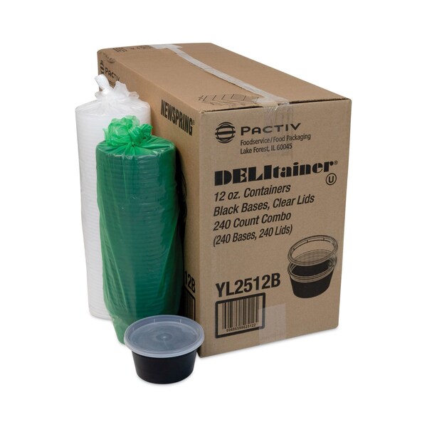 Pactiv Evergreen Newspring DELItainer Microwavable Container, 12oz, 4.55in Diax2.45in h, Black/Clear, Plastic, 240PK - YL2512B