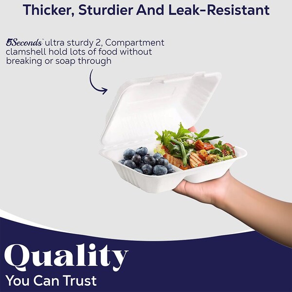 5Seconds Brand Biodegradable Sugarcane Bagasse 2 Compartment Take out Container, Hot & Cold Food, 9inx 6in, 200PK - 410112