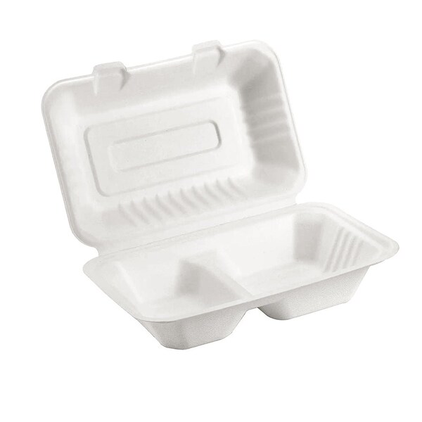 5Seconds Brand Biodegradable Sugarcane Bagasse 2 Compartment Take out Container, Hot & Cold Food, 9inx 6in, 200PK - 410112