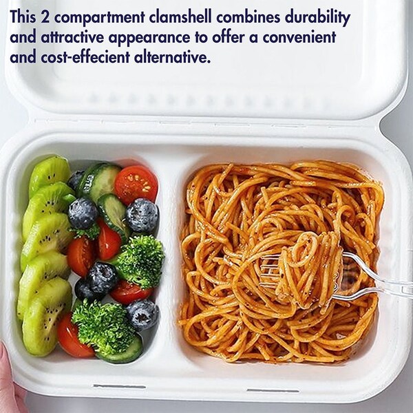 5Seconds Brand Biodegradable Sugarcane Bagasse 2 Compartment Take out Container, Hot & Cold Food, 9inx 6in, 200PK - 410112