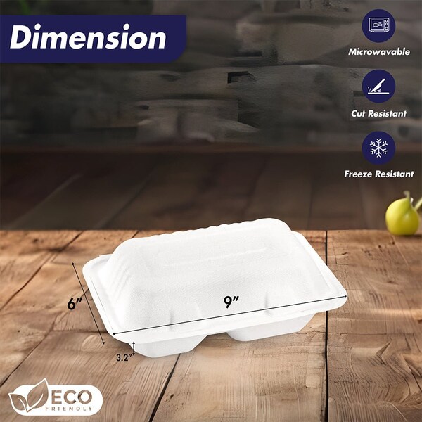 5Seconds Brand Biodegradable Sugarcane Bagasse 2 Compartment Take out Container, Hot & Cold Food, 9inx 6in, 200PK - 410112
