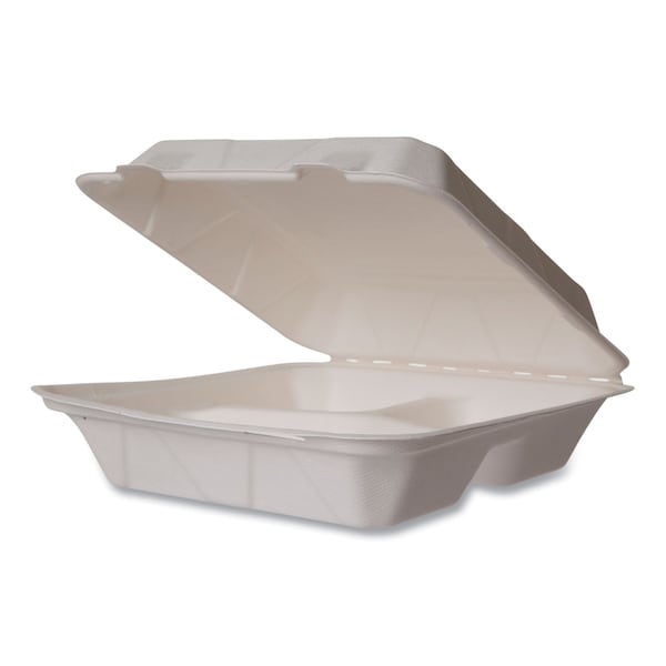 Vegware Nourish Molded Fiber Takeout Containers, 3-Compartment, 5 x 9 x 2, White, Sugarcane, PK200 - WH-9-3HW