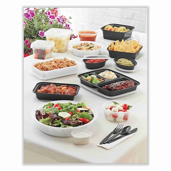 Pactiv Evergreen VERSAtainer Microwavable Containers, Round, 3-Comp, 39 oz, 9 x 9 x 2.25, Black/Clear, Plastic, 150PK - NC9388B