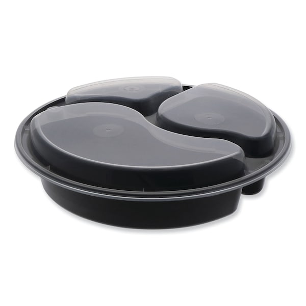 Pactiv Evergreen VERSAtainer Microwavable Containers, Round, 3-Comp, 39 oz, 9 x 9 x 2.25, Black/Clear, Plastic, 150PK - NC9388B