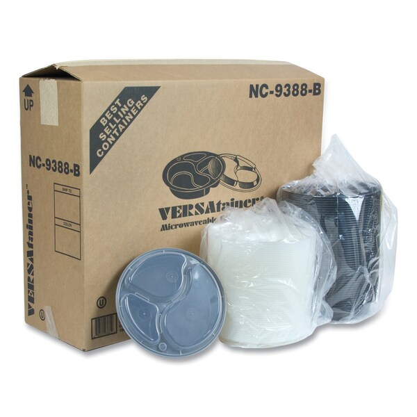 Pactiv Evergreen VERSAtainer Microwavable Containers, Round, 3-Comp, 39 oz, 9 x 9 x 2.25, Black/Clear, Plastic, 150PK - NC9388B